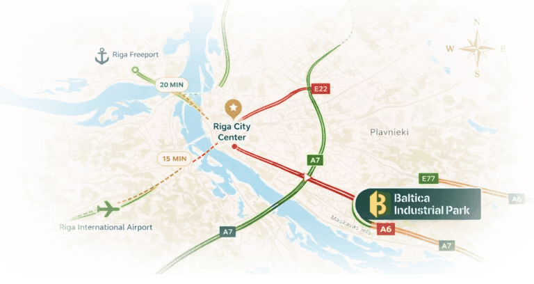 Map of Riga showing Baltica Industrial Park in relation to the freeport, airport and main highways